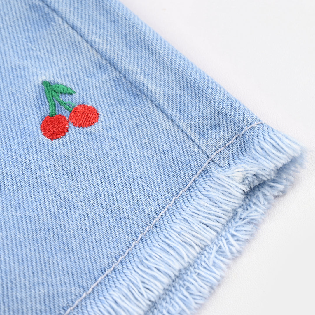 Girls Denim Rigid Shorts (Embroidered Cherry) - Light Blue