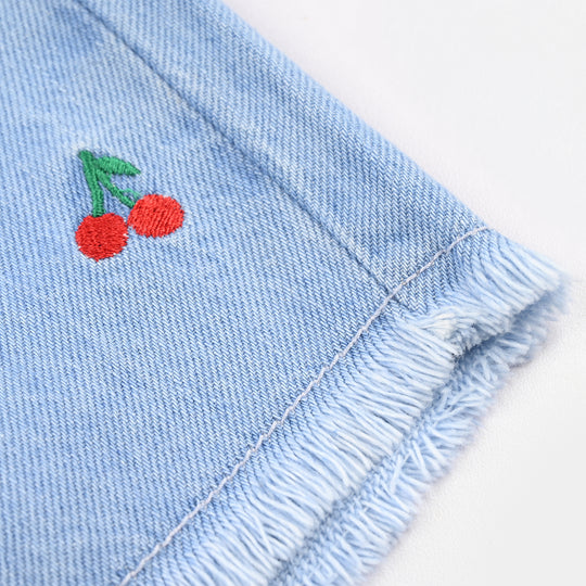 Girls Denim Rigid Shorts (Embroidered Cherry) - Light Blue
