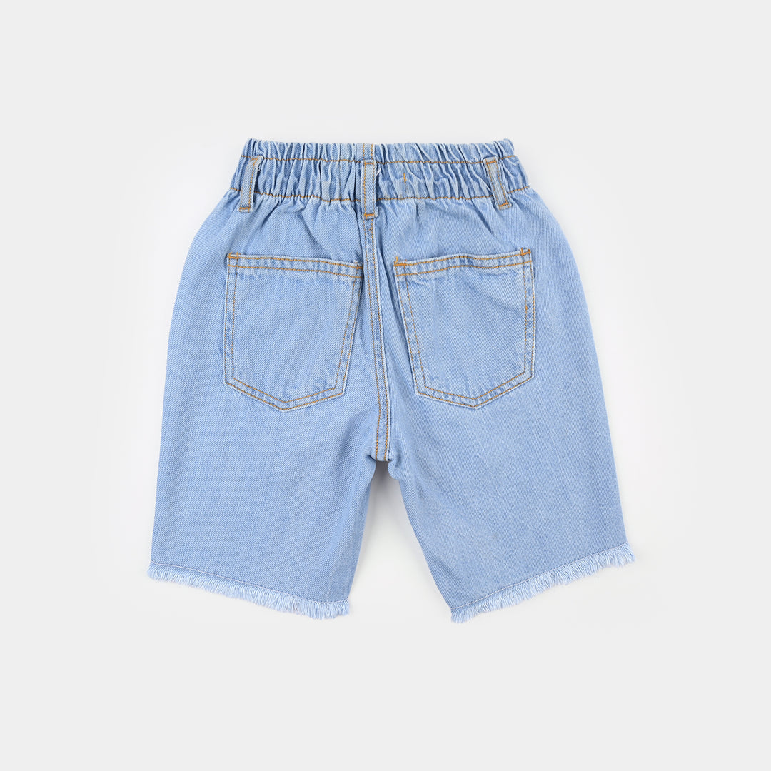 Girls Denim Rigid Shorts (Embroidered Cherry) - Light Blue