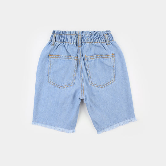 Girls Denim Rigid Shorts (Embroidered Cherry) - Light Blue