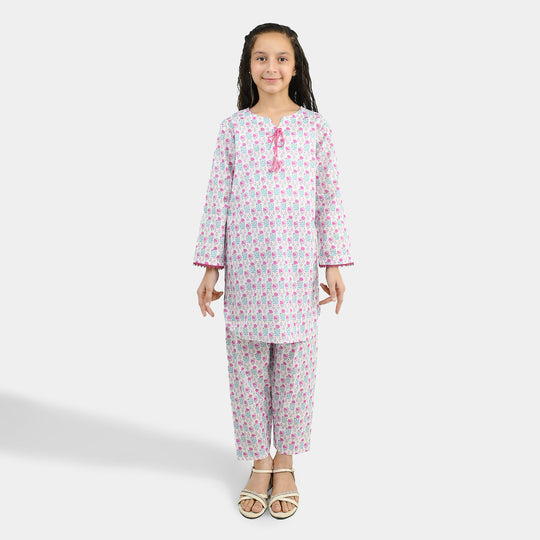 Girls Cotton Printed 2Pcs Phool-Off.White