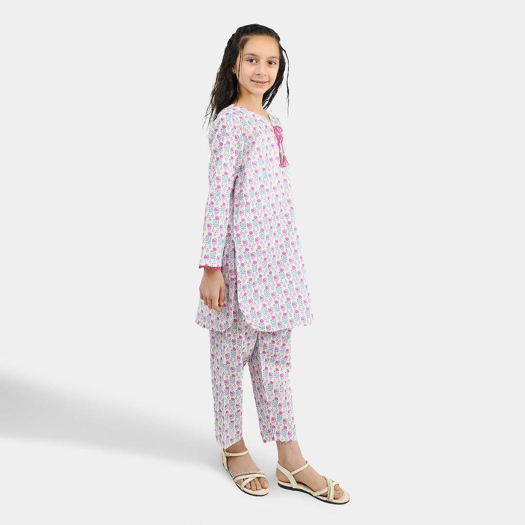 Girls Cotton Printed 2Pcs Phool-Off.White