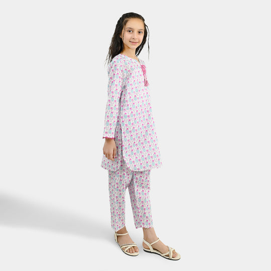 Girls Cotton Printed 2Pcs Phool-Off.White