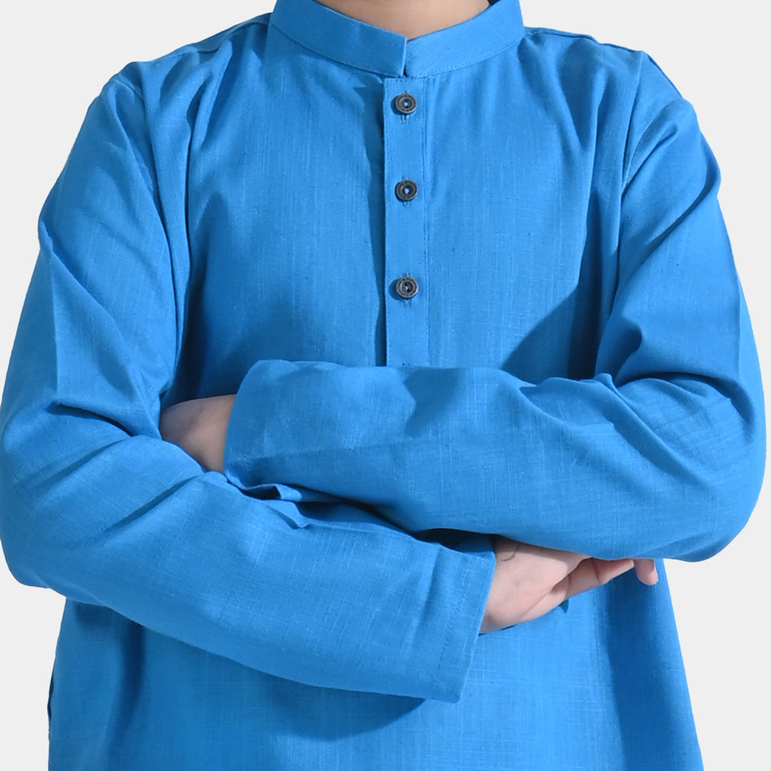 Boys Cotton Slub Basic Kurta -Bluish