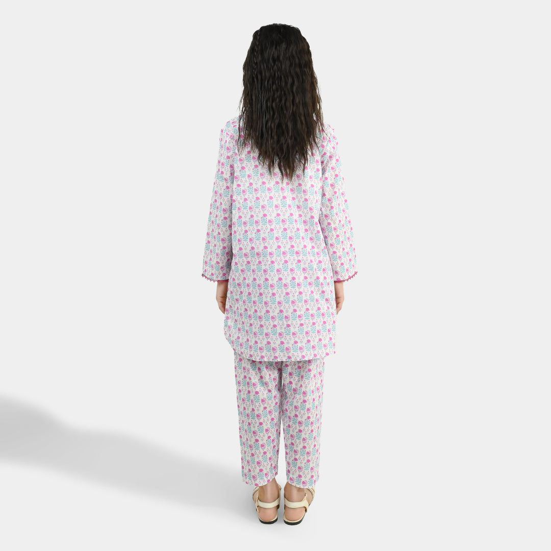 Girls Cotton Printed 2Pcs Phool-Off.White