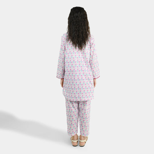Girls Cotton Printed 2Pcs Phool-Off.White