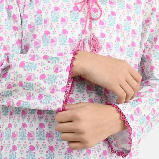 Girls Cotton Printed 2Pcs Phool-Off.White