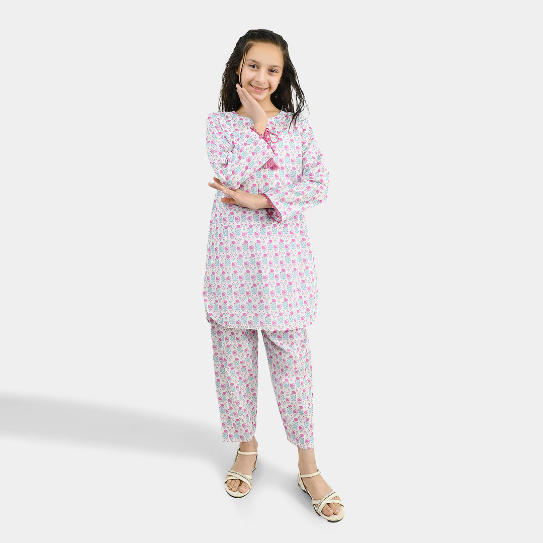 Girls Cotton Printed 2Pcs Phool-Off.White