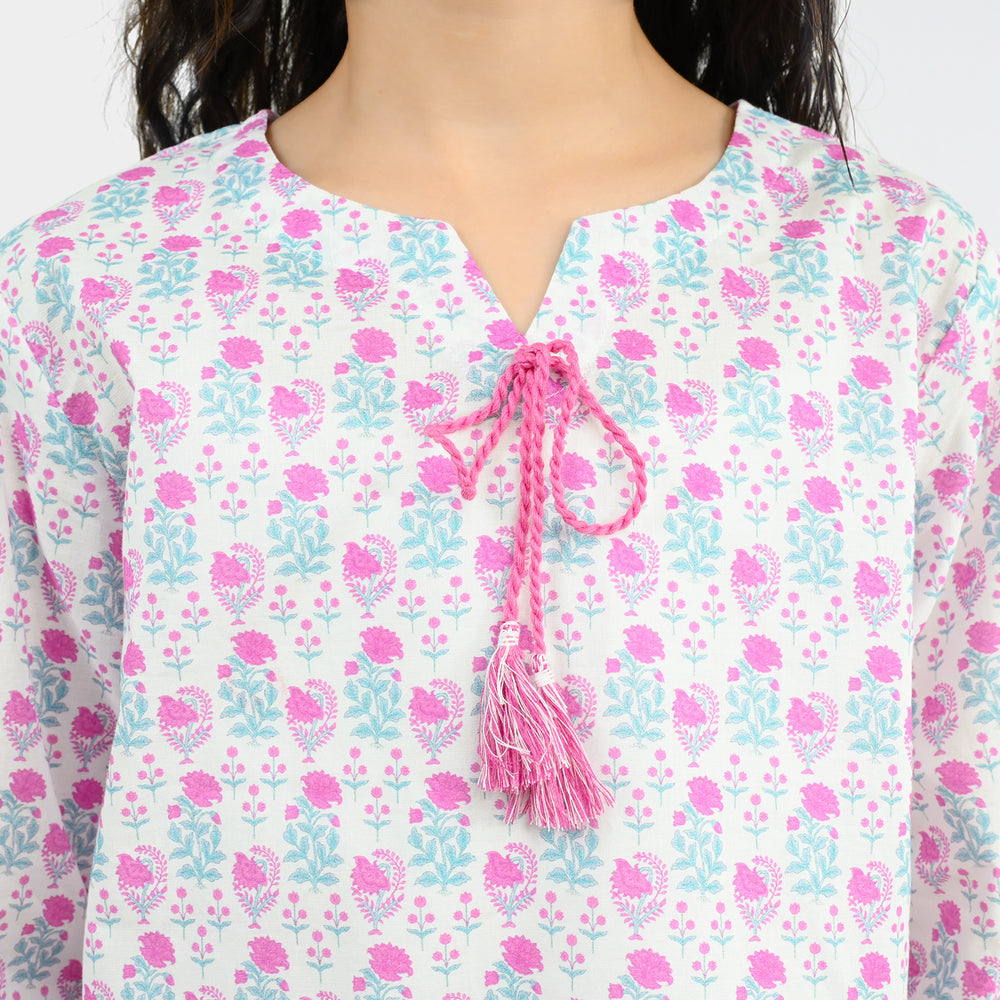 Girls Cotton Printed 2Pcs Phool-Off.White