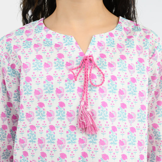Girls Cotton Printed 2Pcs Phool-Off.White