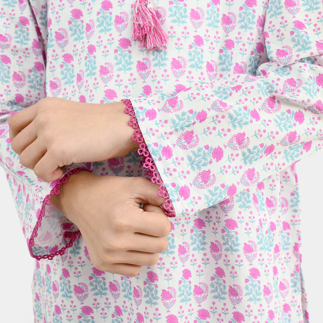 Girls Cotton Printed 2Pcs Phool-Off.White