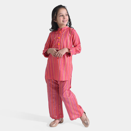 Girls Jacquard 2PCs Suit Stripes-P. Pink