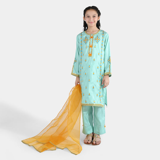 Girls Raw Silk Fancy 3Pcs Roop-Mint Green