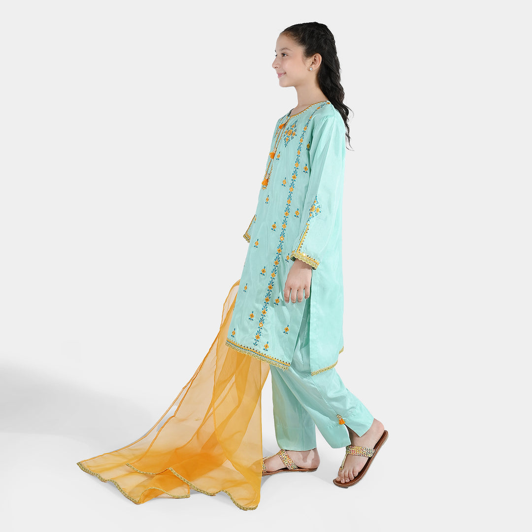 Girls Raw Silk Fancy 3Pcs Roop-Mint Green