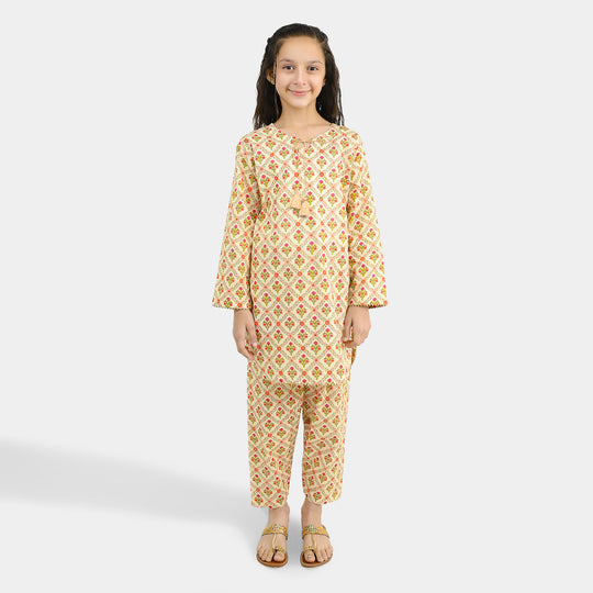 Girls Cotton Printed 2Pcs Chamak-Cream