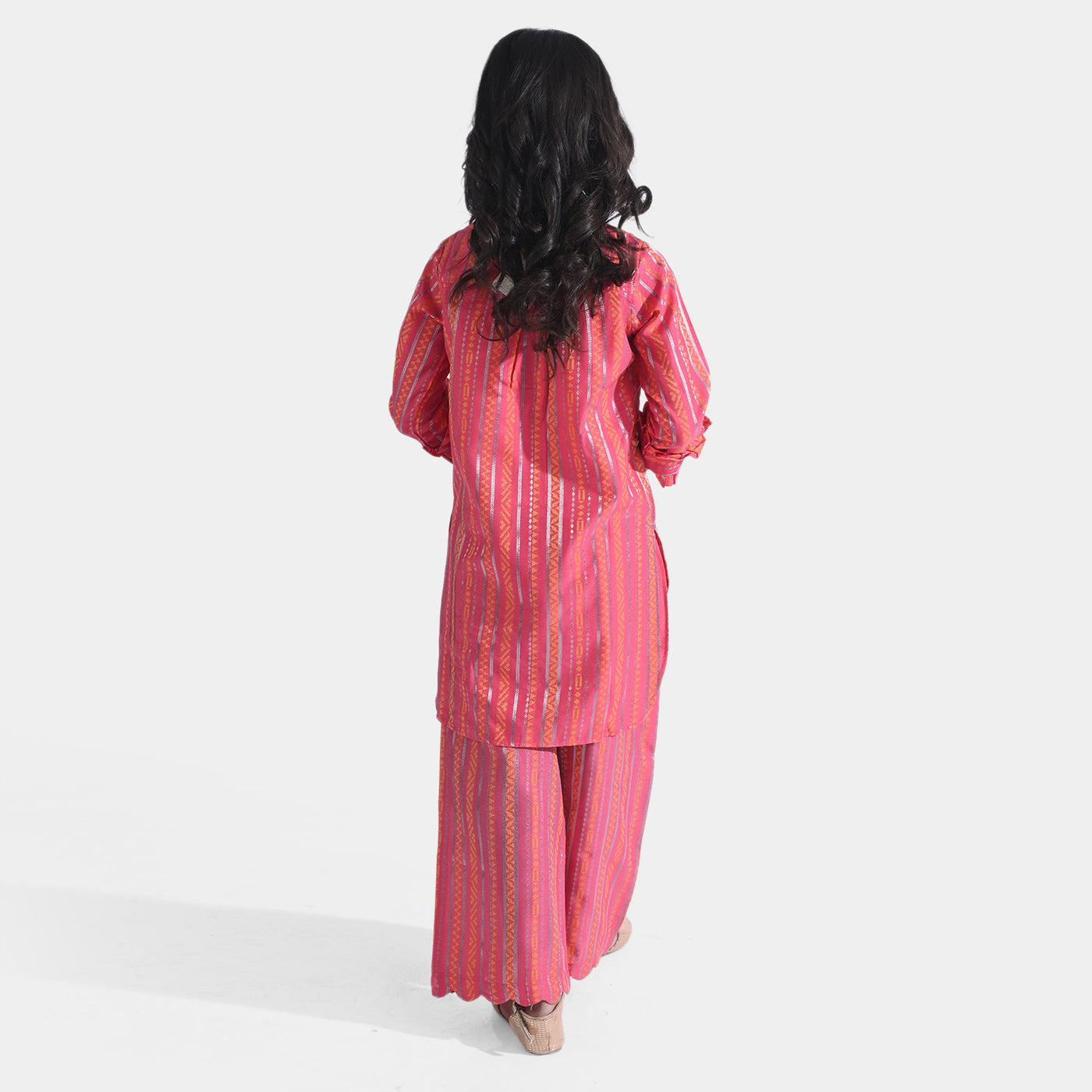 Girls Jacquard 2PCs Suit Stripes-P. Pink