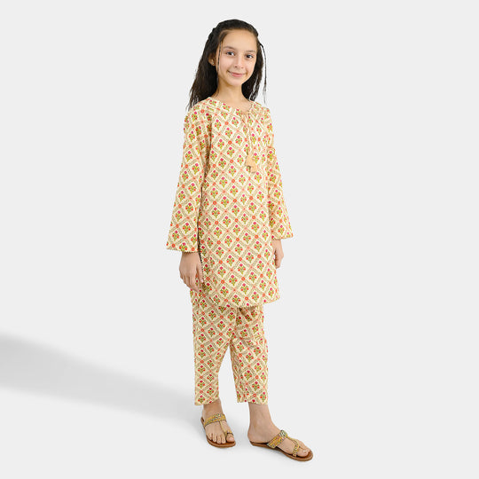Girls Cotton Printed 2Pcs Chamak-Cream