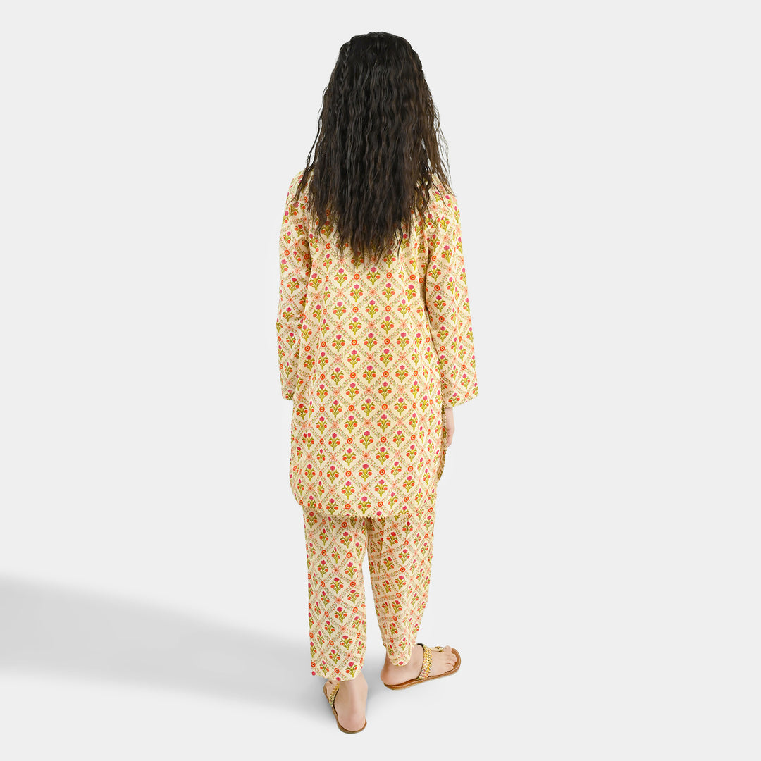 Girls Cotton Printed 2Pcs Chamak-Cream