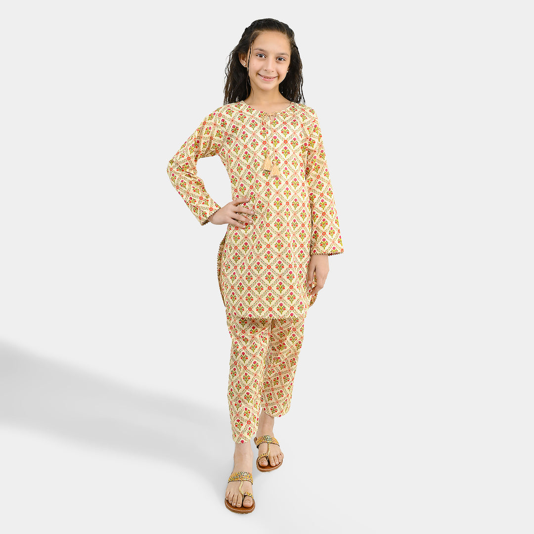 Girls Cotton Printed 2Pcs Chamak-Cream