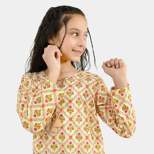 Girls Cotton Printed 2Pcs Chamak-Cream