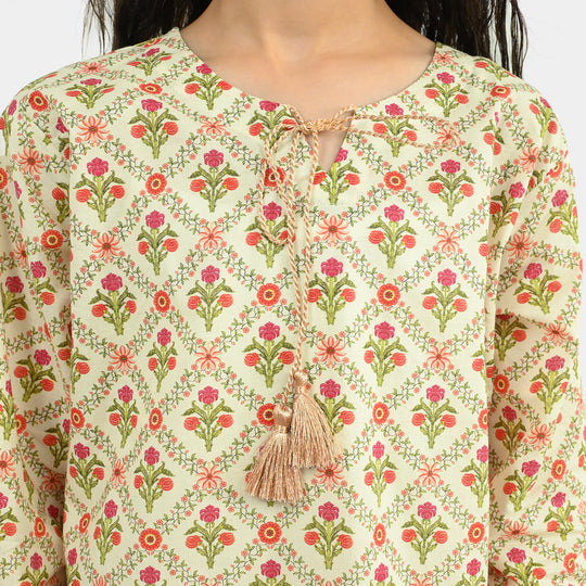 Girls Cotton Printed 2Pcs Chamak-Cream