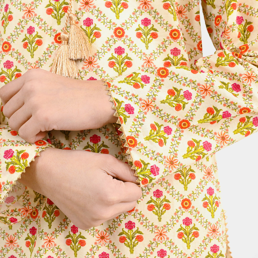 Girls Cotton Printed 2Pcs Chamak-Cream