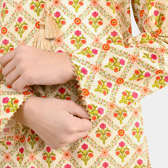Girls Cotton Printed 2Pcs Chamak-Cream