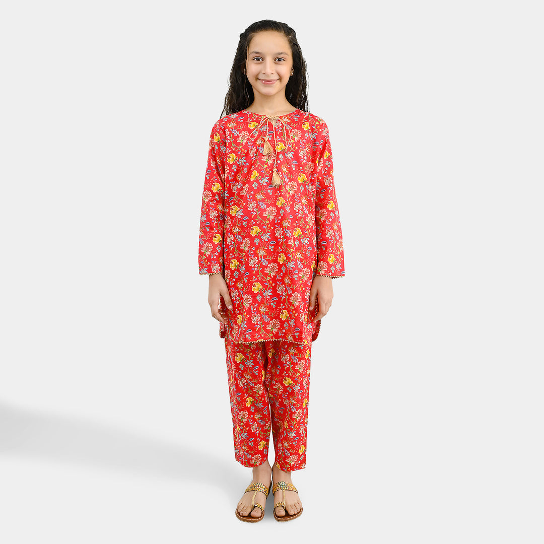 Girls Cotton Printed 2Pcs Bloom-Red