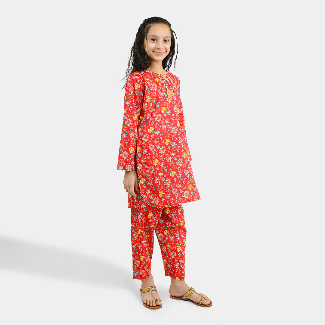 Girls Cotton Printed 2Pcs Bloom-Red
