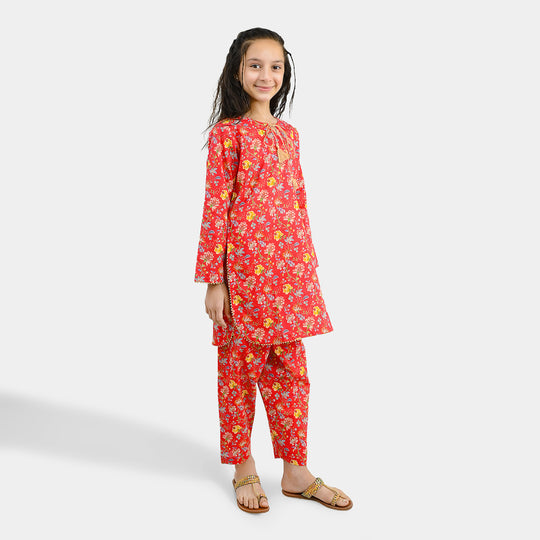 Girls Cotton Printed 2Pcs Bloom-Red