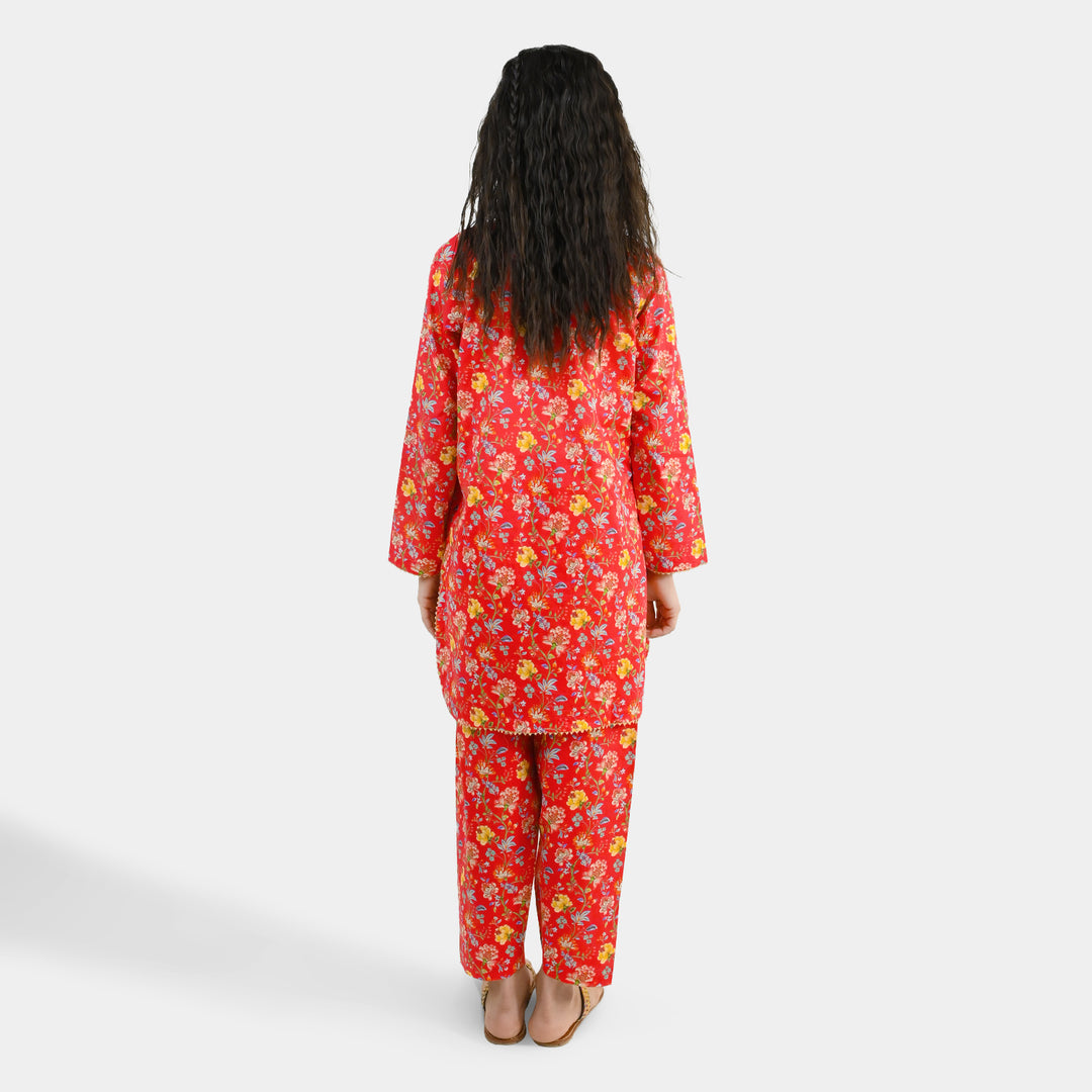 Girls Cotton Printed 2Pcs Bloom-Red