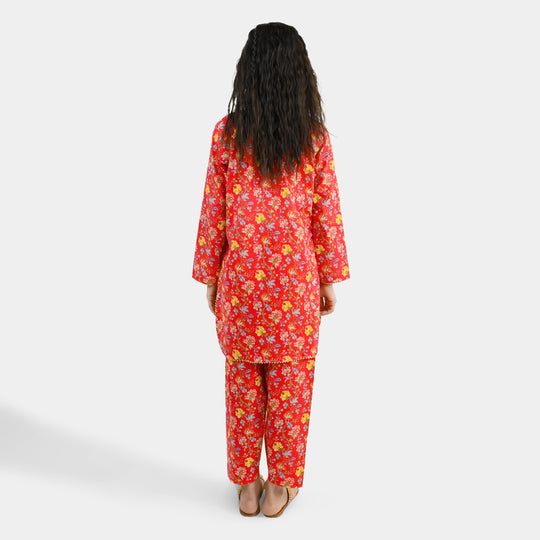Girls Cotton Printed 2Pcs Bloom-Red