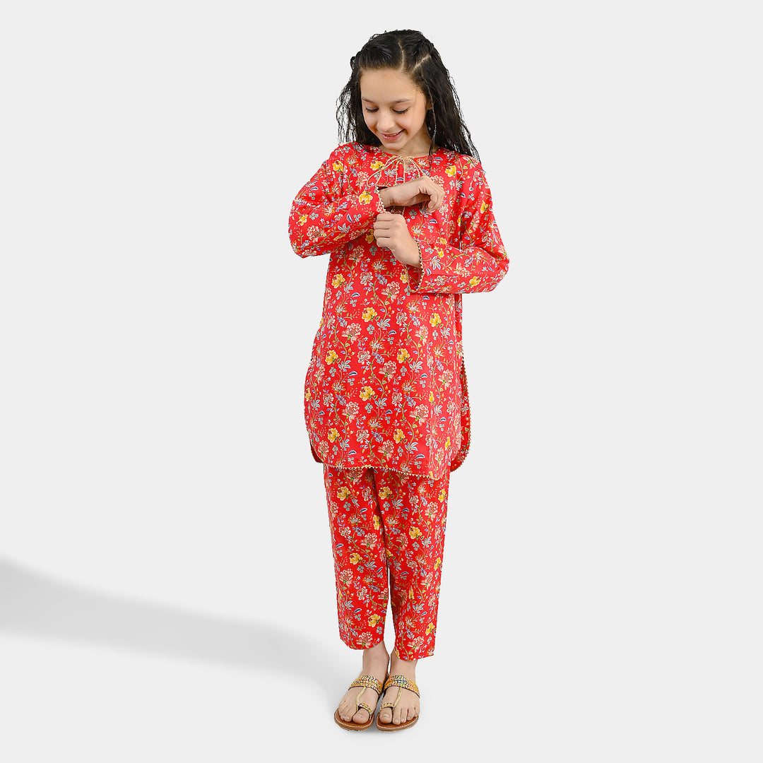 Girls Cotton Printed 2Pcs Bloom-Red