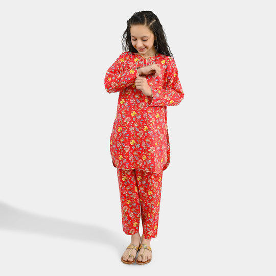 Girls Cotton Printed 2Pcs Bloom-Red