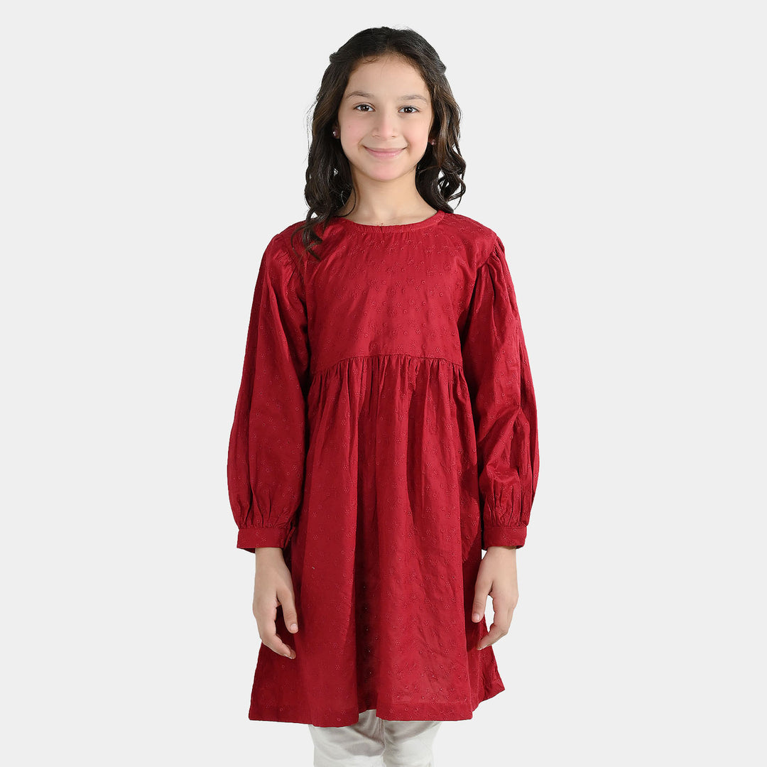 Girls Cotton Casual Frock Salsa- Red