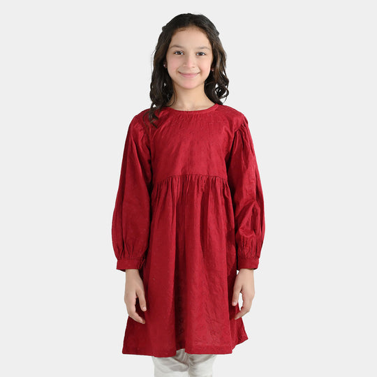 Girls Cotton Casual Frock Salsa- Red