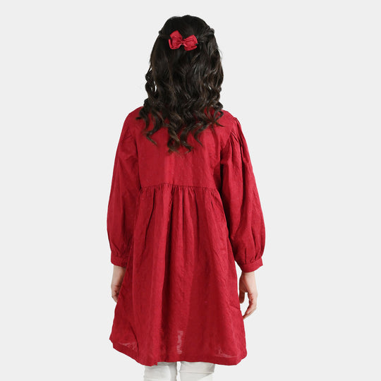 Girls Cotton Casual Frock Salsa- Red