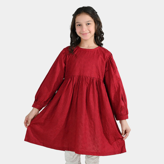 Girls Cotton Casual Frock Salsa- Red