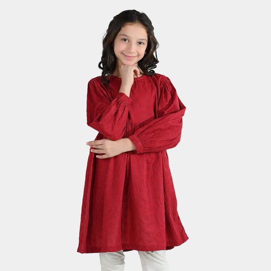 Girls Cotton Casual Frock Salsa- Red
