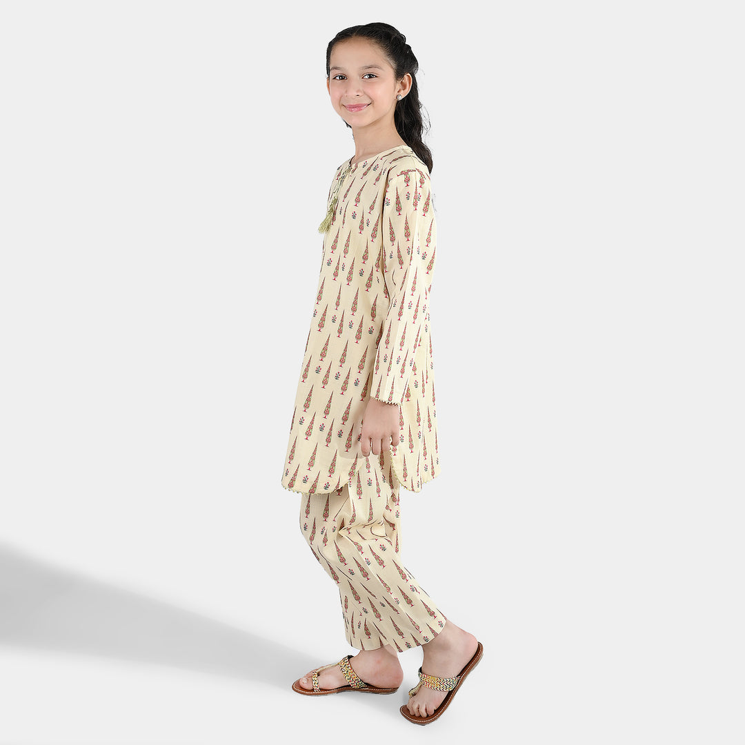 Girls Cotton Printed 2 Pcs-Cream