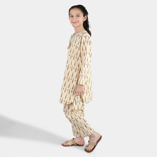 Girls Cotton Printed 2 Pcs-Cream