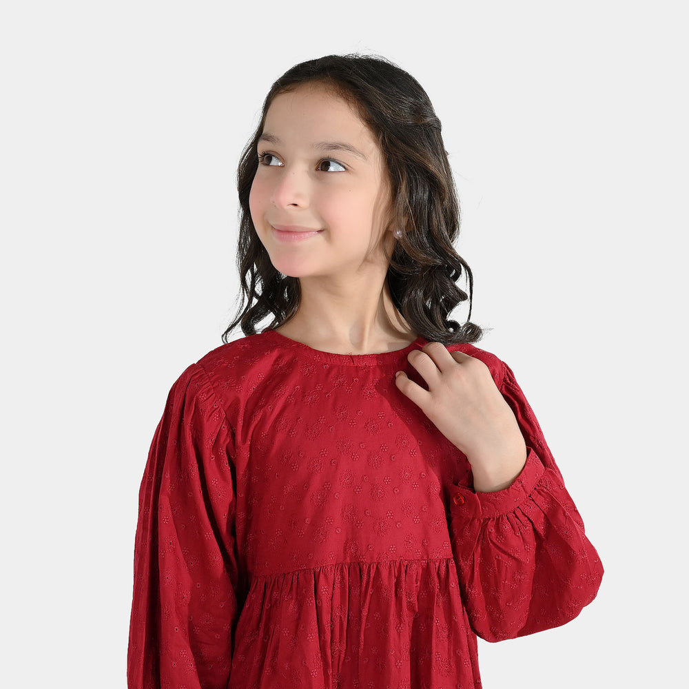 Girls Cotton Casual Frock Salsa- Red