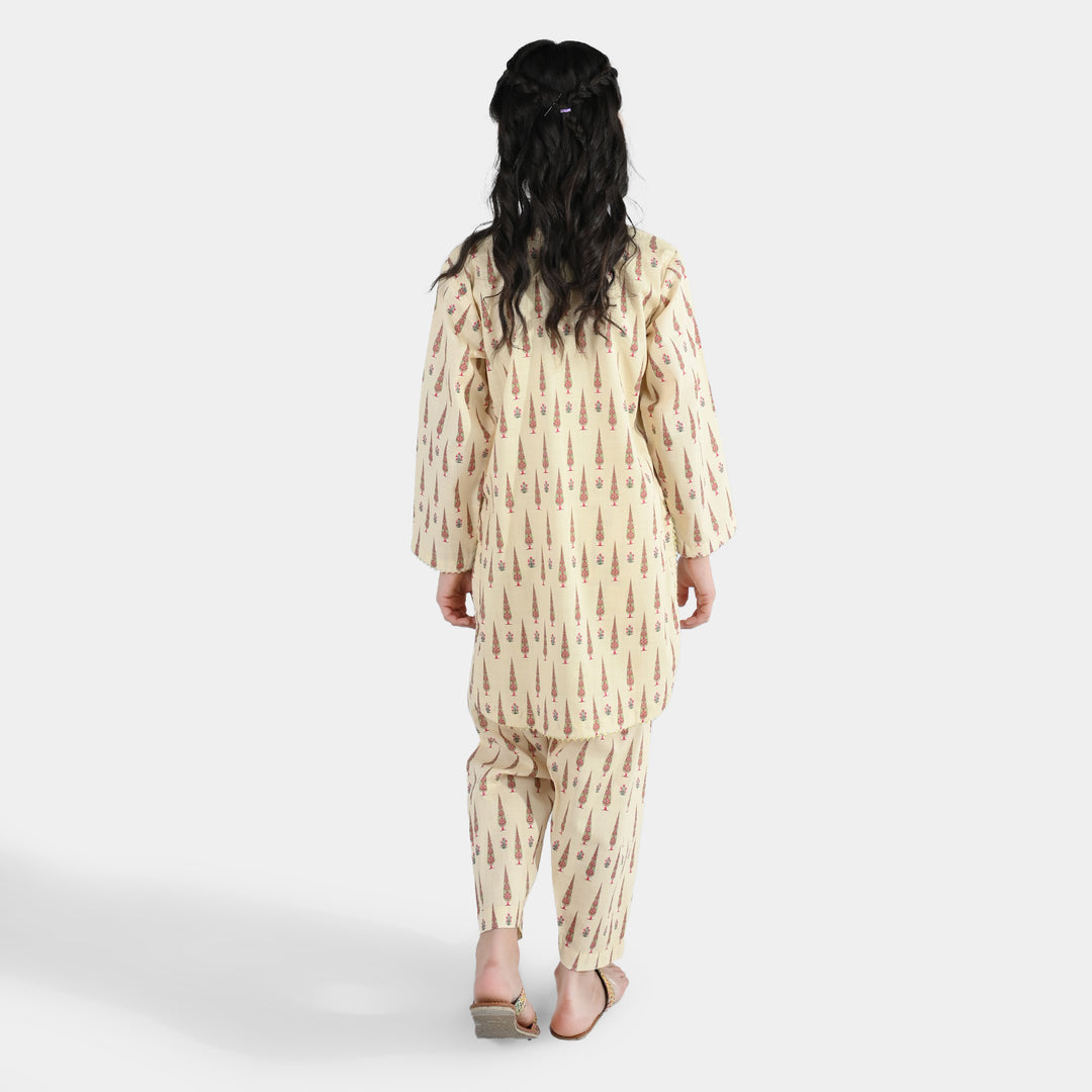 Girls Cotton Printed 2 Pcs-Cream