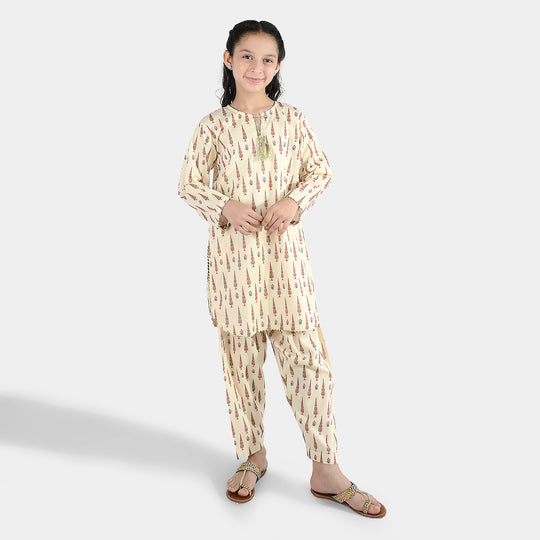 Girls Cotton Printed 2 Pcs-Cream