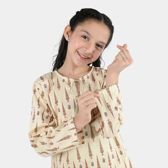 Girls Cotton Printed 2 Pcs-Cream