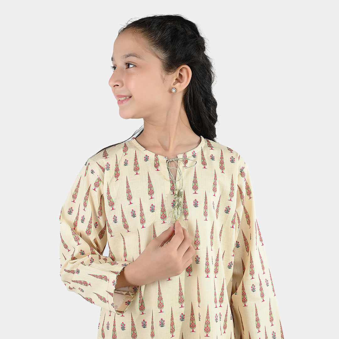 Girls Cotton Printed 2 Pcs-Cream