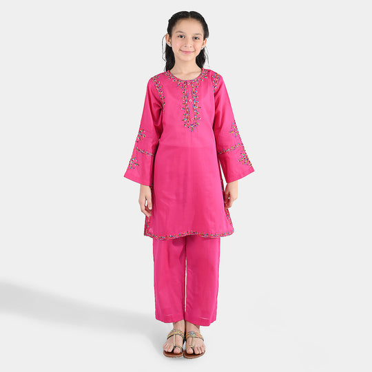 Girls Cotton Emb 2Pcs Naaz- Bright Pink