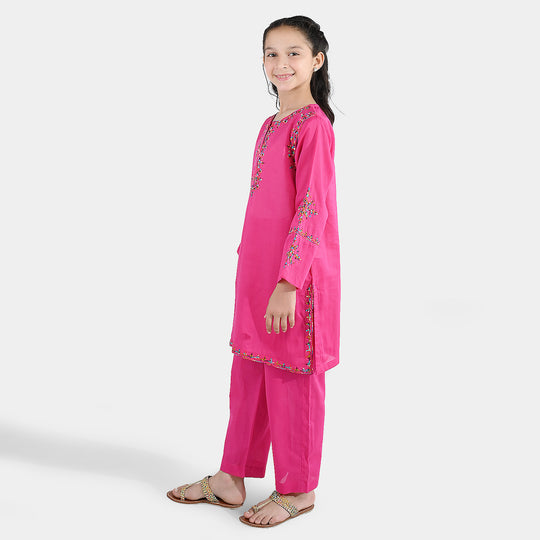 Girls Cotton Emb 2Pcs Naaz- Bright Pink