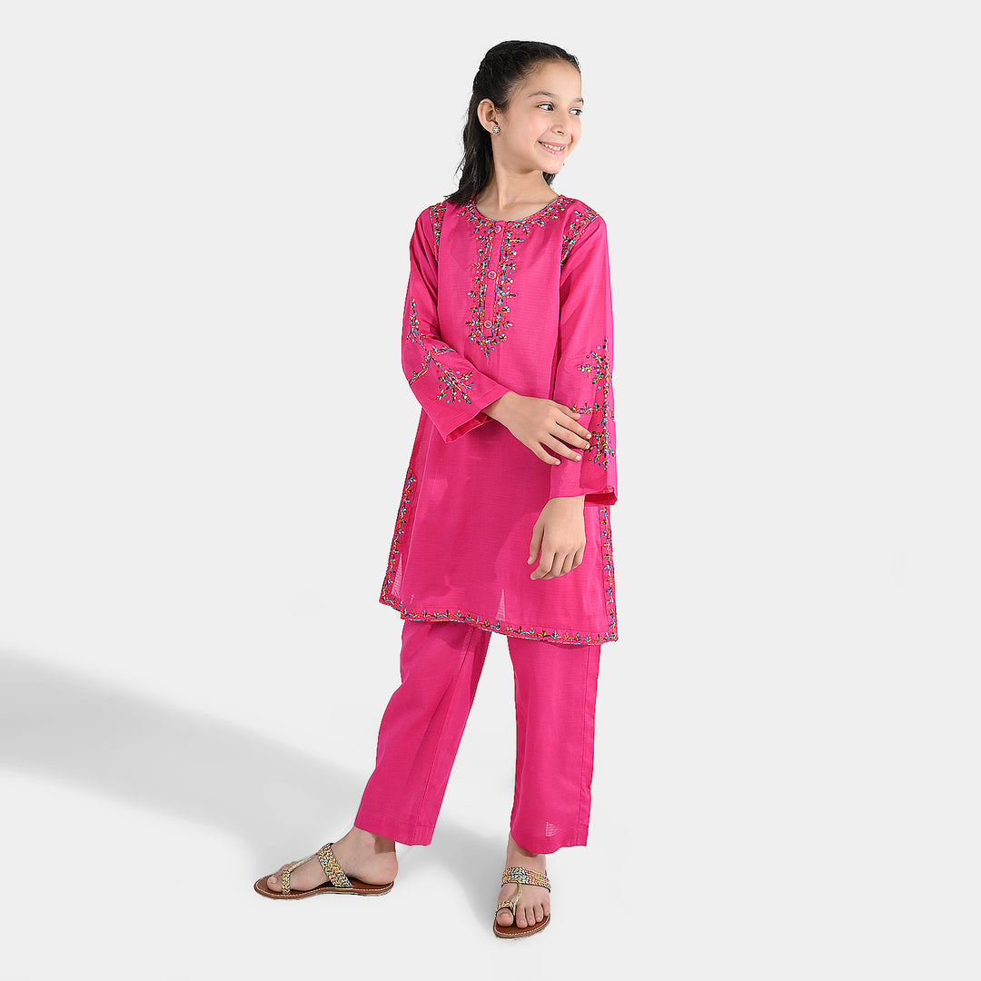 Girls Cotton Emb 2Pcs Naaz- Bright Pink