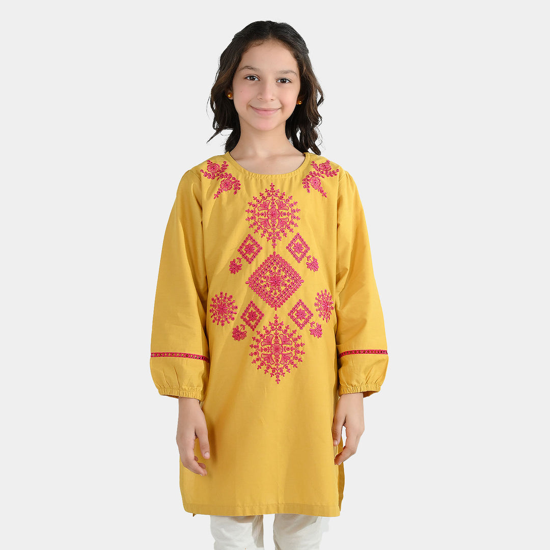Girls Cotton Emb Kurti Nagma-Mustard